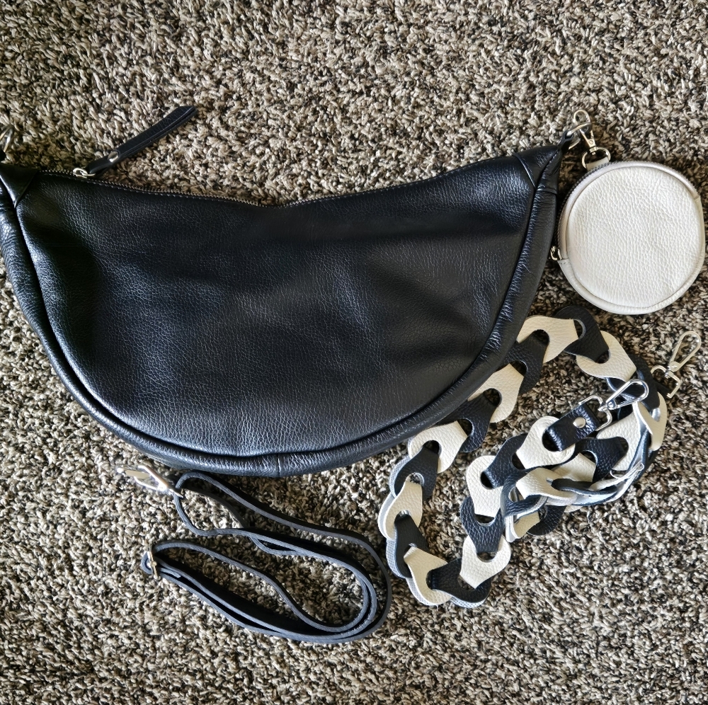 Black Leather Bum Sling Bag Fanny Pack With 2 Strap Options And Coin Purse